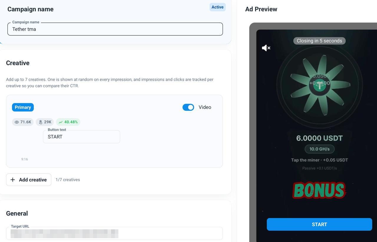 Campaign setup: 9:16 video creative with START button and deep link into the bot