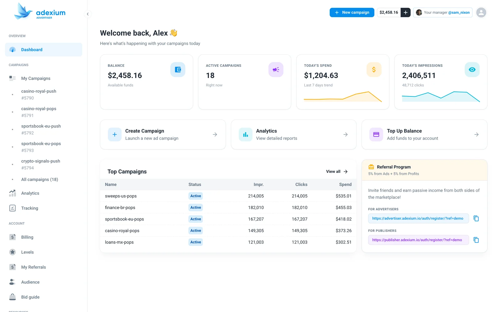 Adexium advertiser dashboard